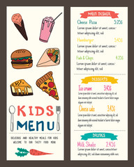 Cute colorful kids meal menu vector template