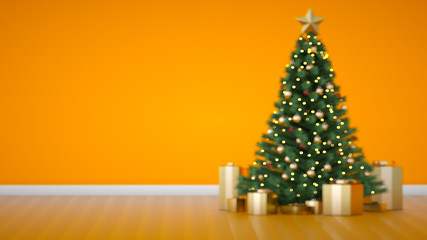 Amazing unfocused Christmas luxury tree with golden gift boxes. 3D render. Bokeh Christmas tree flasher. Merry Christmas and Happy New Year background. Yellow. Decorative background Pine spruce tree.