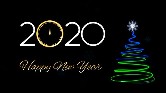 Animated New Year Clock showing midnight. Change of year and illumination in the form of a festive Christmas tree.