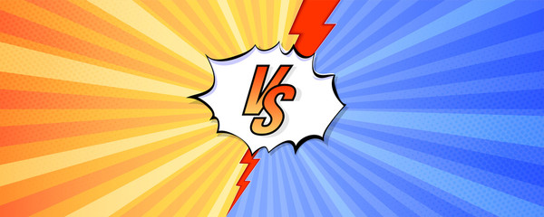 Logo of versus. Letters VS on background in comics style for sports and fight, martial arts, competition. Blue and red background with halftone effect and red lightning. Vector illustration © eriksvoboda