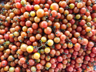 Ripe fresh tomatoes on sale at the market, closeup