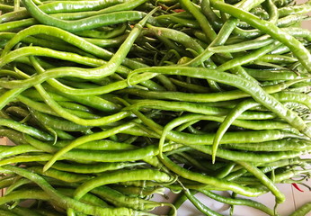 Green pepper or chili from the farm, Close up or macro fresh beautiful Green peppers on the market texture and background, a lot of chili on basket for trader and business and establishment