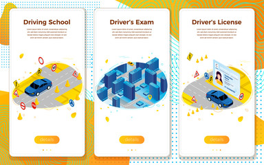Vector set driving school learning, exams, license