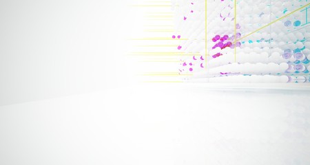 Abstract white and colored gradient glasses interior from array spheres with large window. 3D illustration and rendering.
