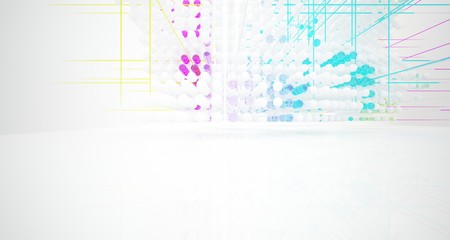 Obraz premium Abstract white and colored gradient glasses interior from array spheres with large window. 3D illustration and rendering.