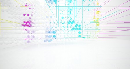 Abstract white and colored gradient glasses interior from array spheres with large window. 3D illustration and rendering.