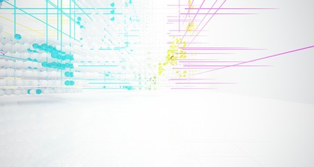 Abstract white and colored gradient glasses interior from array spheres with large window. 3D illustration and rendering.