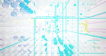 Abstract white and colored gradient glasses interior from array spheres with large window. 3D illustration and rendering.