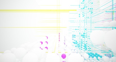 Abstract white and colored gradient glasses interior from array spheres with large window. 3D illustration and rendering.