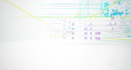 Obraz premium Abstract white and colored gradient glasses interior from array spheres with large window. 3D illustration and rendering.