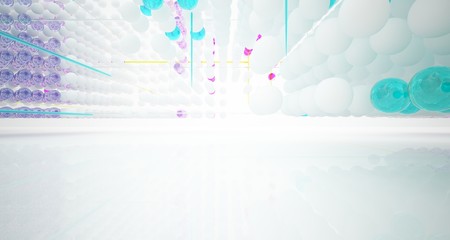 Abstract white and colored gradient glasses interior from array spheres with large window. 3D illustration and rendering.