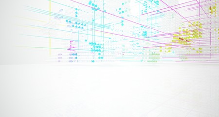 Abstract white and colored gradient glasses interior from array spheres with large window. 3D illustration and rendering.