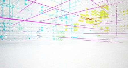 Abstract white and colored gradient glasses interior from array spheres with large window. 3D illustration and rendering.
