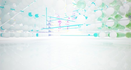 Abstract white and colored gradient glasses interior from array spheres with large window. 3D illustration and rendering.