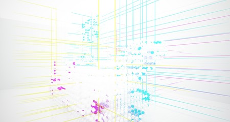 Abstract white and colored gradient glasses interior from array spheres with large window. 3D illustration and rendering.