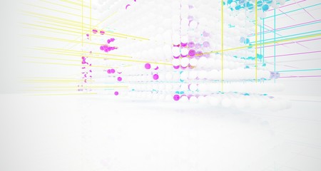 Obraz premium Abstract white and colored gradient glasses interior from array spheres with large window. 3D illustration and rendering.