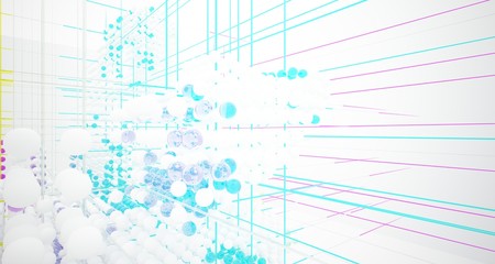 Abstract white and colored gradient glasses interior from array spheres with large window. 3D illustration and rendering.