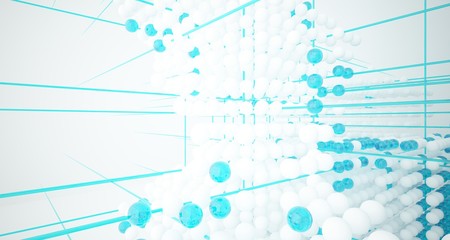 Fototapeta premium Abstract white and colored gradient glasses interior from array spheres with large window. 3D illustration and rendering.