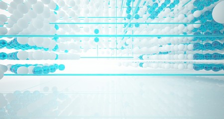 Abstract white and colored gradient glasses interior from array spheres with large window. 3D illustration and rendering.
