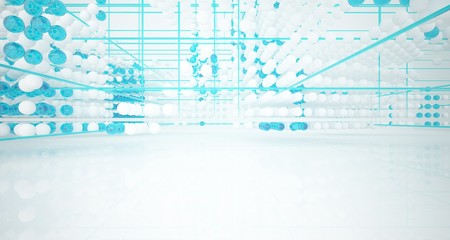 Abstract white and colored gradient glasses interior from array spheres with large window. 3D illustration and rendering.