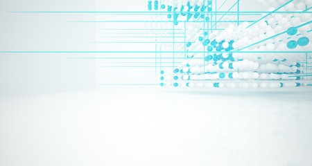 Abstract white and colored gradient glasses interior from array spheres with large window. 3D illustration and rendering.