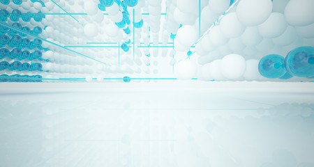 Abstract white and colored gradient glasses interior from array spheres with large window. 3D illustration and rendering.
