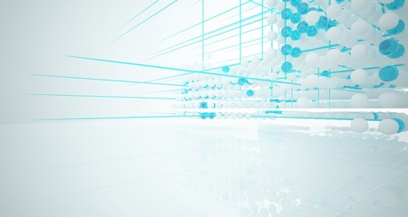 Abstract white and colored gradient glasses interior from array spheres with large window. 3D illustration and rendering.