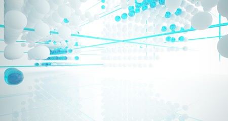 Abstract white and colored gradient glasses interior from array spheres with large window. 3D illustration and rendering.
