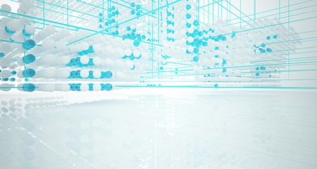 Abstract white and colored gradient glasses interior from array spheres with large window. 3D illustration and rendering.