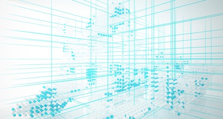 Abstract white and colored gradient glasses interior from array spheres with large window. 3D illustration and rendering.