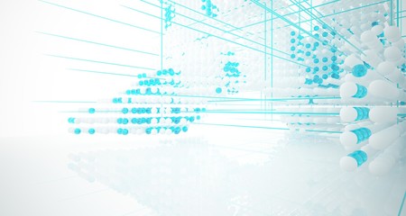Abstract white and colored gradient glasses interior from array spheres with large window. 3D illustration and rendering.
