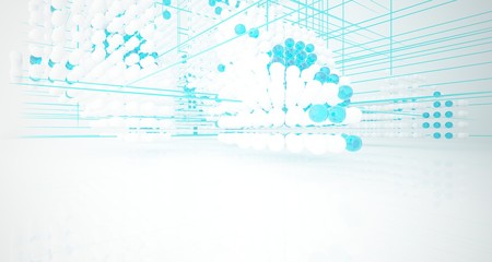Abstract white and colored gradient glasses interior from array spheres with large window. 3D illustration and rendering.