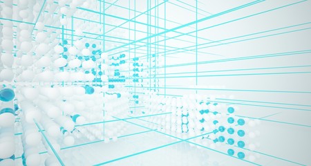 Abstract white and colored gradient glasses interior from array spheres with large window. 3D illustration and rendering.