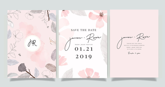  Luxury marble Wedding logo and Invitation set,  invite thank you, rsvp modern card Design in pink and gray flower with leaf greenery branches  decorative Vector elegant rustic template