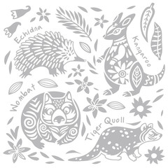 Set with decorated Australian animals in vector. Echidna, Wombat, Kangaroo and tiger quoll