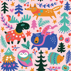 Winter animals seamless pattern in vector. Cartoon style. Ideal for wrapping, fabric, nursery