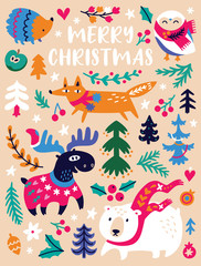 Naklejka premium Christmas animals and trees illustration in decorative style