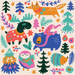 Woodland whimsical cozy animals and decorative elements. Vector illustration