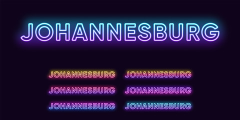 Naklejka premium Neon Johannesburg name, City in South Africa. Neon text of Johannesburg city. Vector set of glowing Headlines
