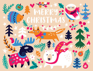 Christmas card design template with cozy animals and bright decorative elements. Vector illustration