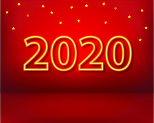 Happy new year 2020 text design Neon vector image greeting messages with golden numbers, stars.Red background with space for text design, website, invitation card, illustration. Vector EPS10.