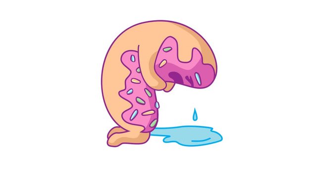 Cartoon sad crying donut character with pink glaze makes a puddle of tears. Good for stickers