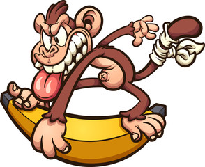 Crazy cartoon monkey skating on an over sized banana clip art. Vector illustration with simple gradients. All in single layer.  © Memoangeles