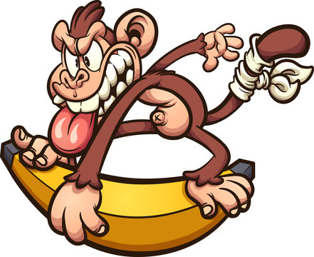 Crazy cartoon monkey skating on an over sized banana clip art. Vector illustration with simple gradients. All in single layer. 