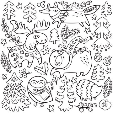 Wiinter set with cozy animals and decorative elements in outline