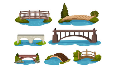 Different Bridges Collection, Wooden and Concrete Footbridges Vector Illustration