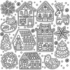 Fototapeta premium Ink gingerbread coockies houses collection in vector