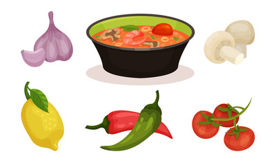 Spicy Tasty Dish with Cooking Ingredients, Bowl of Tom Yam Kung Spicy Soup, Garlic, Mushroom, Lemon, Hot Chilli Pepper, Tomato Vector Illustration