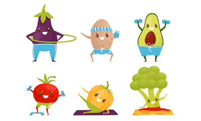 Sportive Vegetables Cartoon Character Doing Fitness Exercises Collection, Healthy Lifestyle Concept Vector Illustration