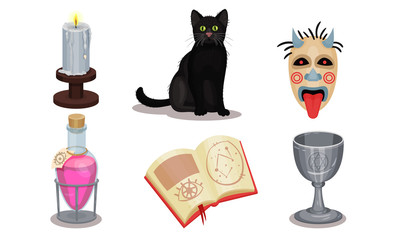Magic Objects Collection, Wizardry and Witchcraft Symbols, Book, Flask of Potion, Black Cat, Candle, Mask Vector Illustration